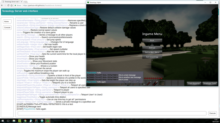 Sending chat messages from the web client to the running game instance